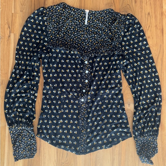 Free People Tops - Free People Shirt, Navy Blue with Yellow and White Floral Print, Size Medium